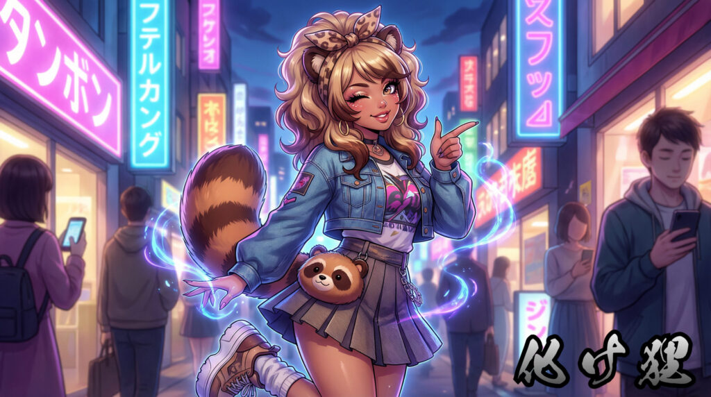 Modern anime-style depiction of a Bake-danuki reimagined as a tanuki-inspired girl, playful and mischievous, blending Japanese folklore yokai motifs with contemporary character design.