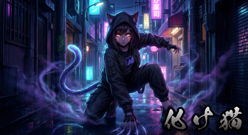 Modern anime-style Bakeneko / Nekomata yokai girl, Japanese folklore cat spirit