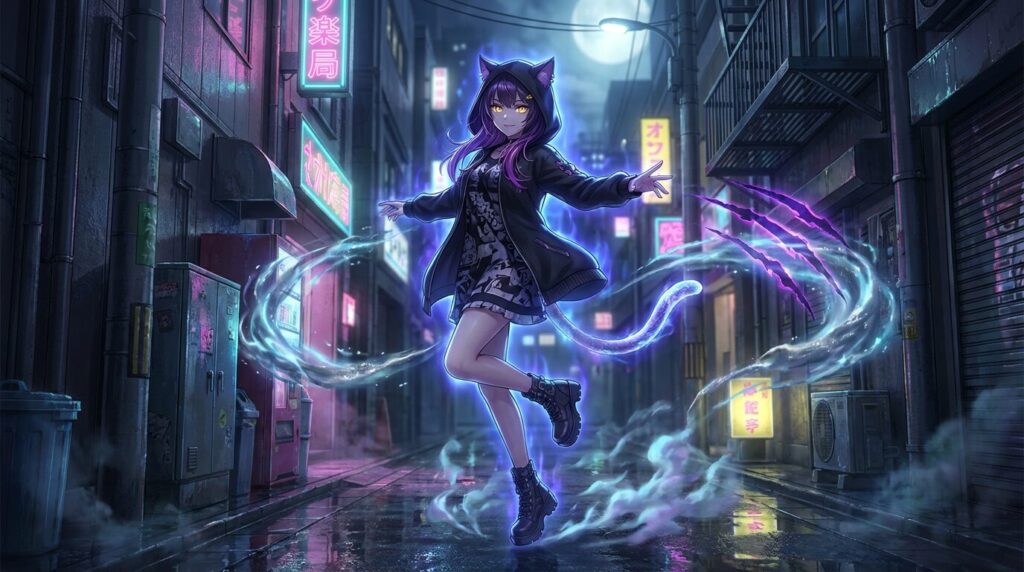 Atmospheric artwork of Bakeneko and Nekomata, mysterious feline yōkai with split tails and shape-shifting powers from Japanese folklore.