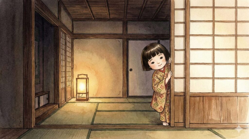 Illustration of a Zashiki-warashi, a childlike household spirit associated with good fortune in Japanese folklore.