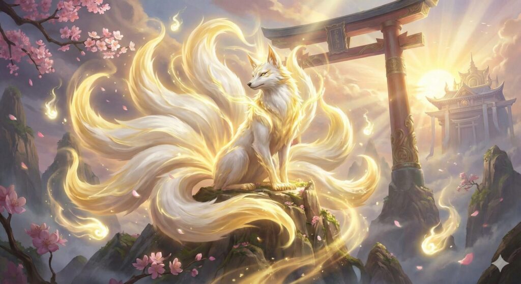 Illustration of a Japanese nine-tailed fox (Kyūbi no Kitsune) from traditional folklore, with flowing tails and supernatural aura.