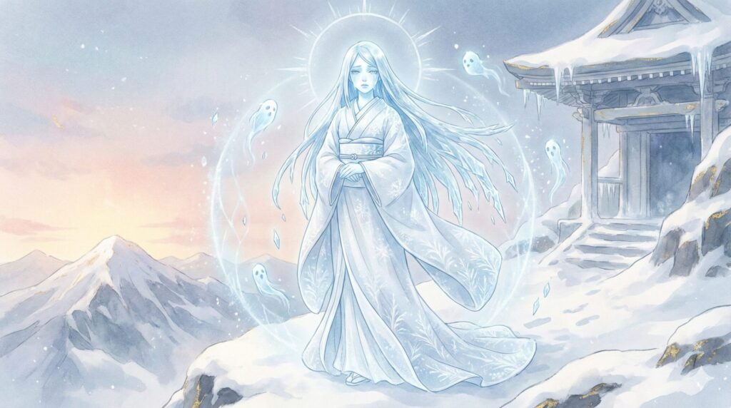 Illustration of Yuki-onna, the Snow Woman from Japanese folklore, appearing in a winter landscape with drifting snow and ghostly elegance.