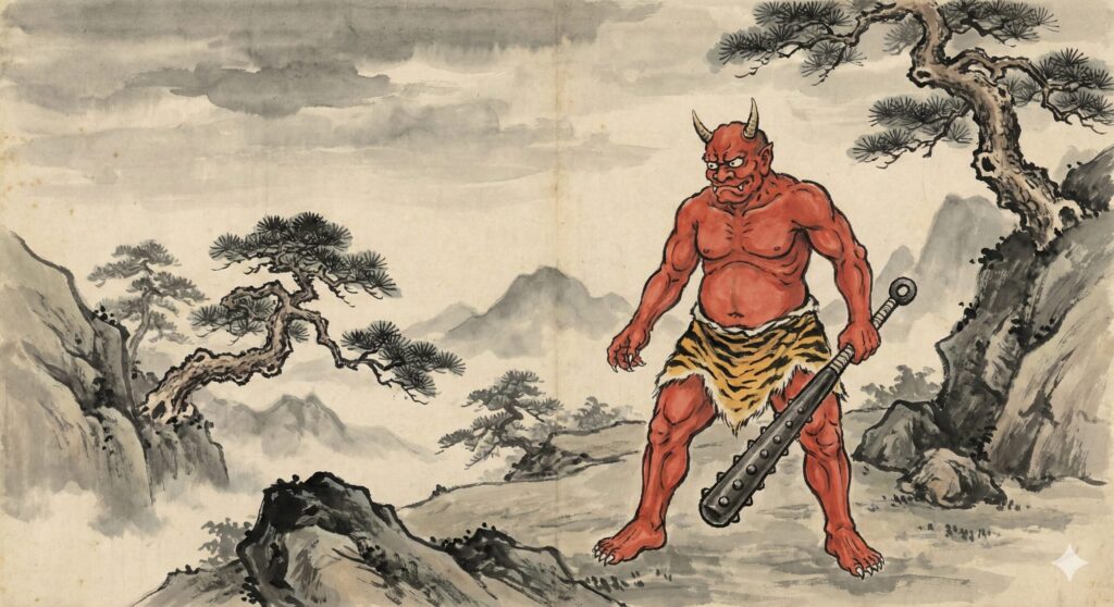 Illustration of an Oni, a horned demon from Japanese folklore, shown with a fierce expression and traditional motifs.