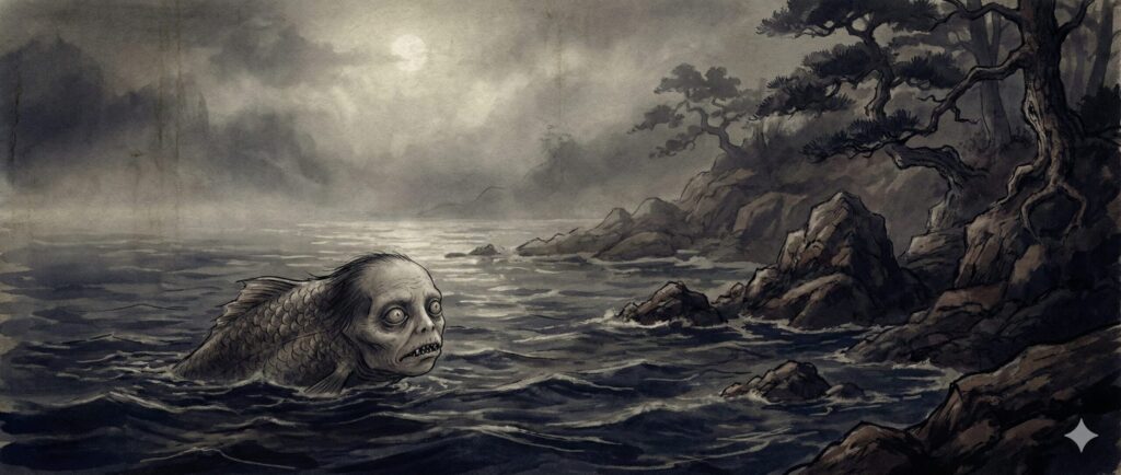 Ancient Japanese Ningyo, a strange human-faced fish creature from traditional folklore