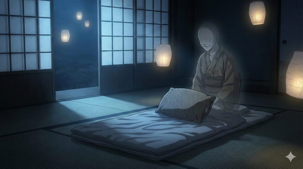 Illustration of a Japanese Makuragaeshi from traditional folklore, with flowing tails and supernatural aura.