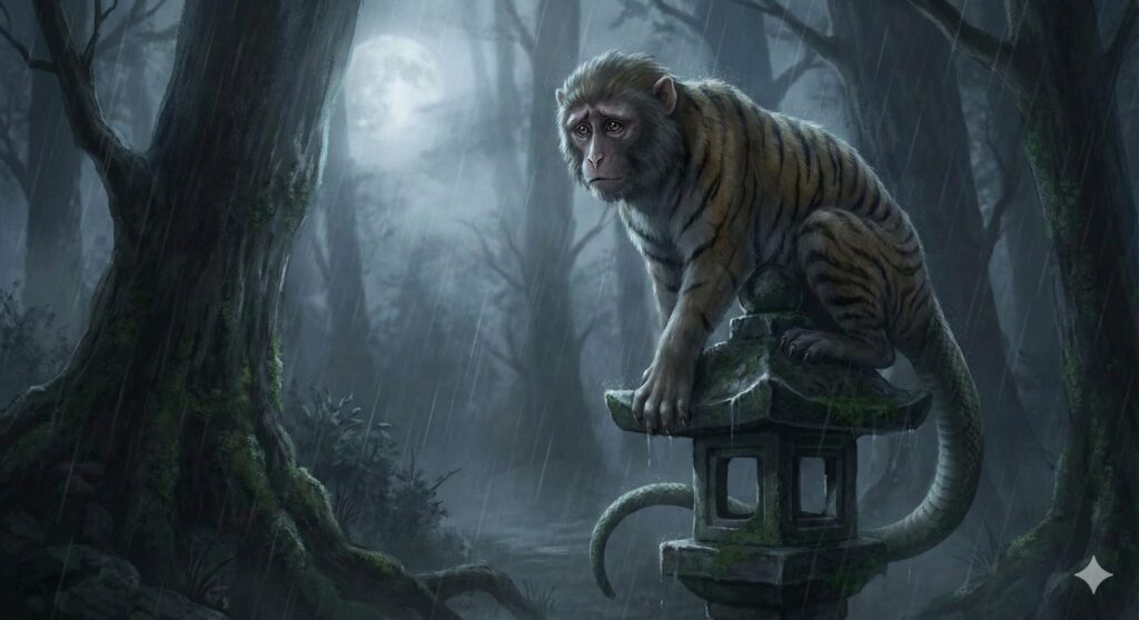 Illustration of the Nue, a chimera-like yōkai with a monkey’s face, tiger body, and snake tail, surrounded by dark cloud imagery from Japanese folklore.