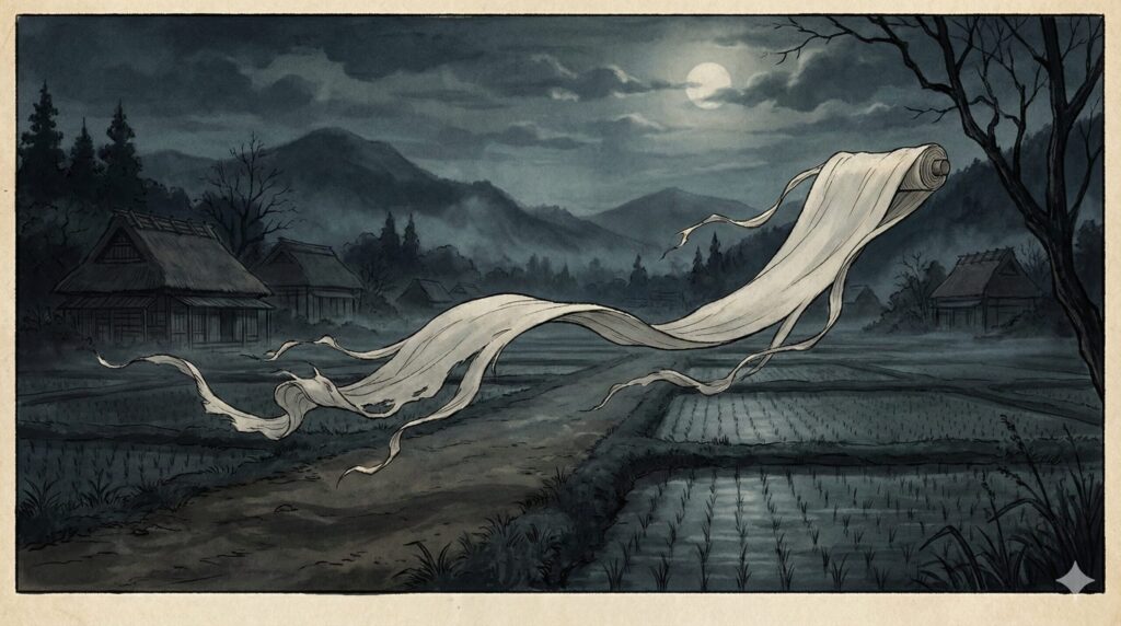 Traditional Japanese yokai Ittan-momen, a living strip of cloth flying through the night