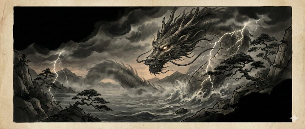 Ancient Japanese dragon emerging from clouds and water, a divine being from traditional folklore