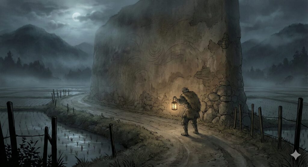 Ancient Japanese yokai Nurikabe, an invisible wall blocking a rural night road in folklore