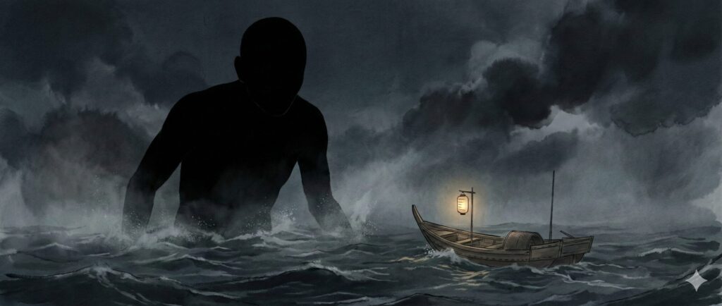 Ancient Japanese sea yokai Umibozu, a massive shadowy figure rising from calm night waters