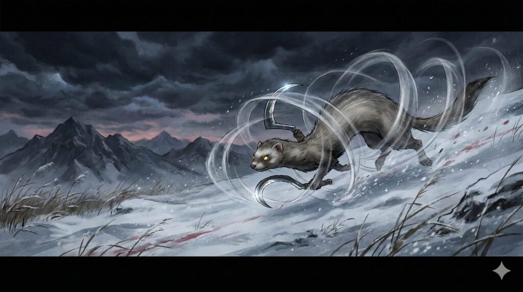 Ancient Japanese yokai Kamaitachi, a sickle-wielding wind spirit racing across fields in traditional folklore