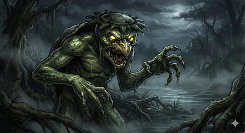 Artwork of a kappa, the iconic Japanese river yōkai known for its water bowl head and mischievous nature.