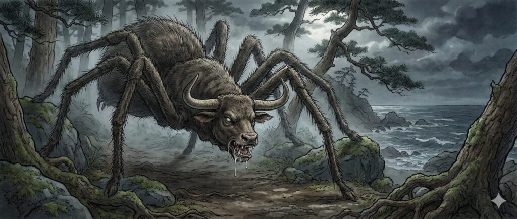 Ancient Japanese yokai Ushioni with an ox head and spider-like body lurking near coast and forest