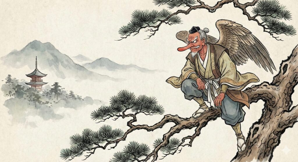 Japanese folklore illustration of a Tengu, a fearsome yokai and mountain spirit with a long-nosed mask.