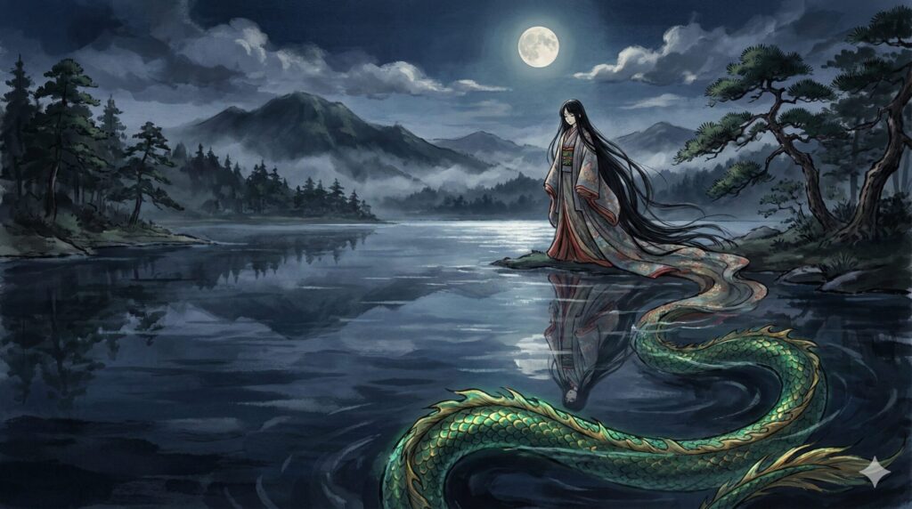 Tatsuko-hime legend from Lake Tazawa, a woman transforming into a dragon in ancient Japanese folklore