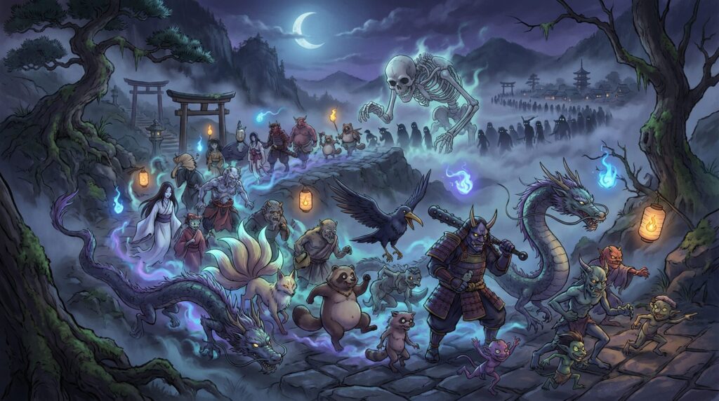 Japanese folklore artwork depicting the Hyakki Yagyō — a night parade of yōkai and spirits moving in procession through the darkness.