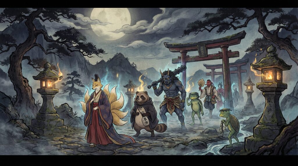 Japanese folklore illustration featuring multiple yōkai — a collection of mythical creatures that appear across classical legends and cultural traditions.