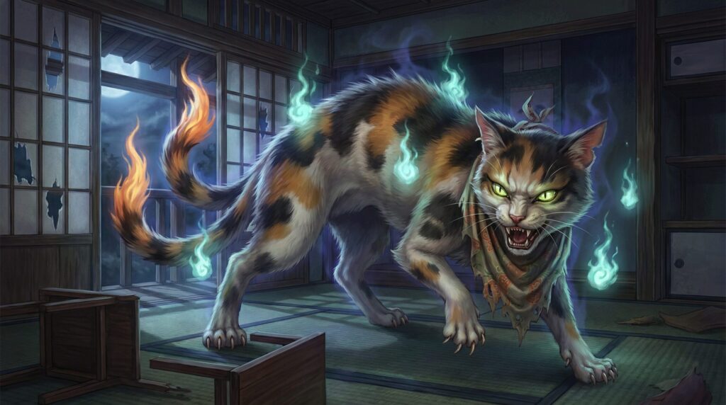 Traditional Edo-period depiction of a bakeneko in Japanese folklore, illustrating a long-lived domestic cat transforming into a supernatural being associated with household resentment, fire manipulation, and vengeful spirit beliefs.