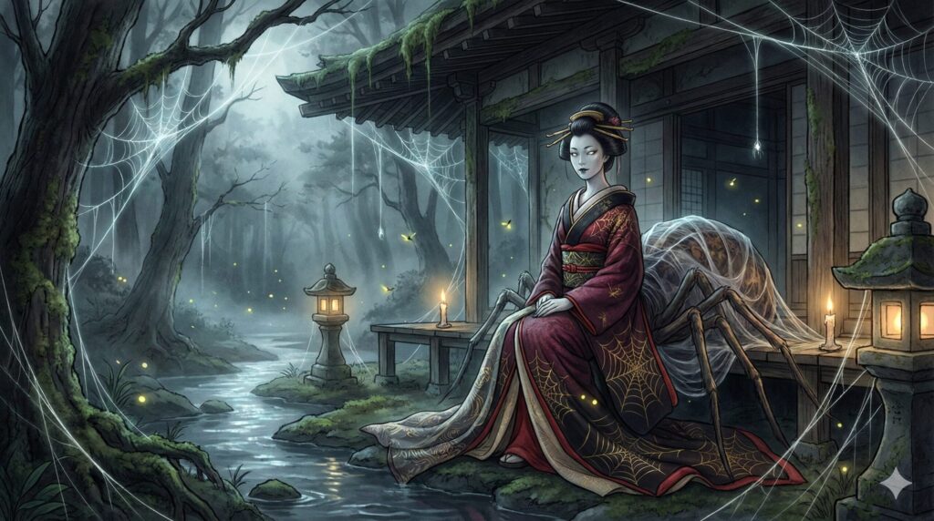 Traditional Japanese folklore illustration of Jorōgumo, a seductive spider yōkai woman emerging from shadows, blending human beauty with a giant spider form, Edo-period yōkai art style.