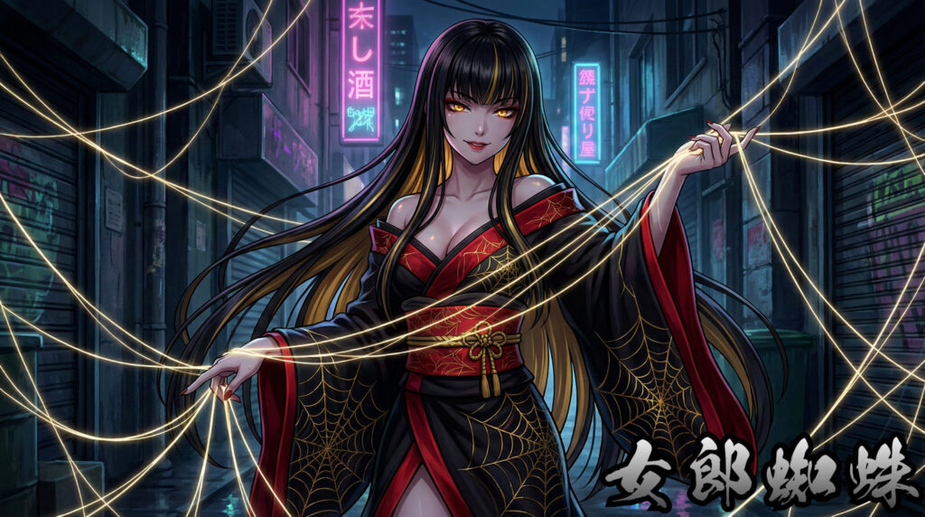 Modern anime-style reinterpretation of Jorōgumo as a beautiful young woman with subtle spider motifs, elegant kimono-inspired outfit, mysterious gaze, Japanese folklore fantasy illustration.