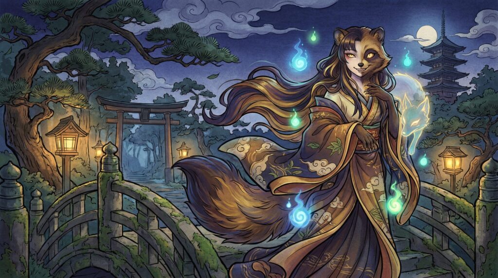 Traditional Japanese illustration of a Bake-danuki, a shapeshifting tanuki yokai from Japanese folklore, standing upright in a forest at night, wearing a straw hat and carrying a sake bottle, symbolizing illusion and trickery.