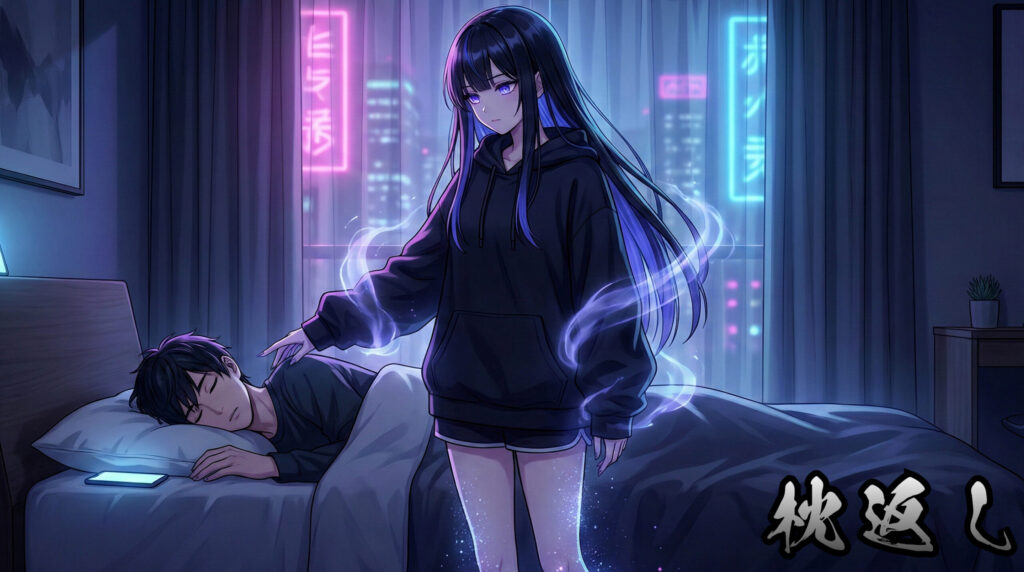 A modern reinterpretation of the Makuragaeshi from Japanese folklore — transformed into an anime-style water spirit girl. A fusion of mythology and contemporary street aesthetic.