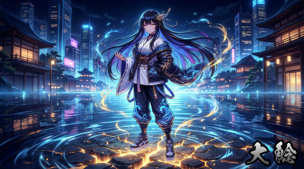 A modern reinterpretation of the Ōnamazu from Japanese folklore — transformed into an anime-style water spirit girl. A fusion of mythology and contemporary street aesthetic.