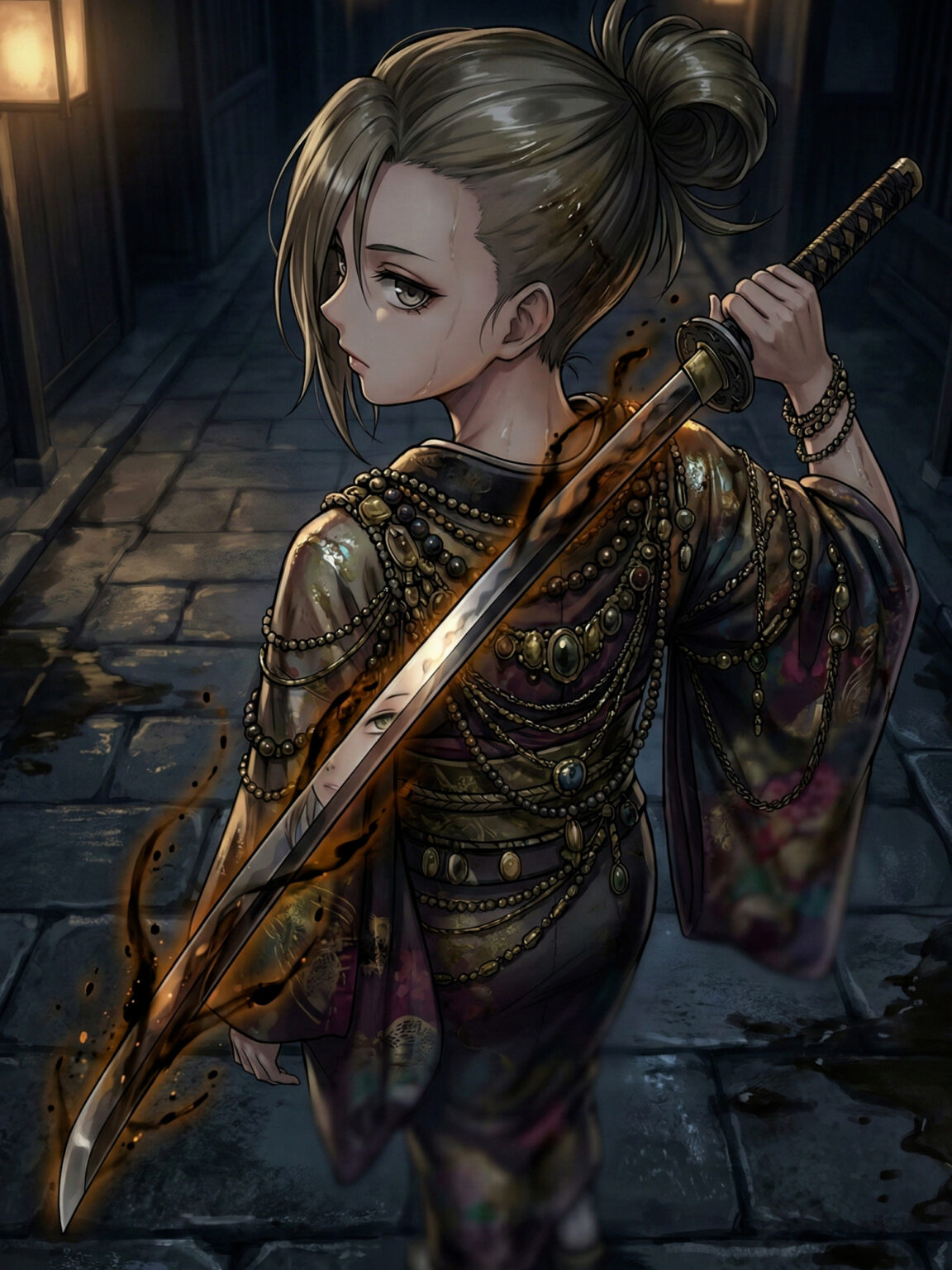 Modern reinterpretation of Abura-sumashi as a yōtō, a cursed blade symbolizing quiet extraction and incremental loss in Japanese folklore