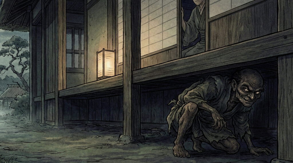 Ancient Japanese yokai Amanojaku lurking in shadows