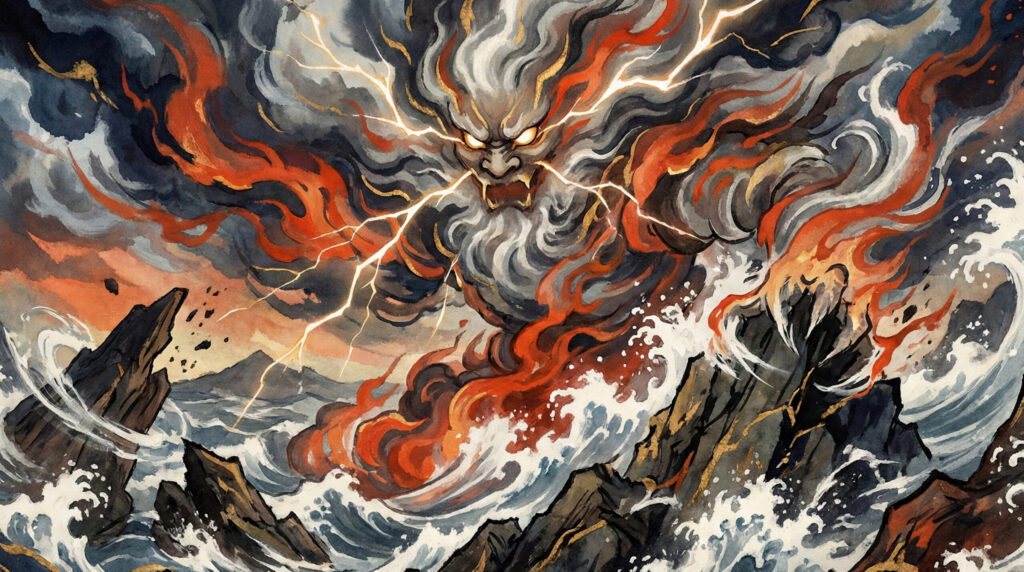 Aramitama | Phantom Tone Folklore Visual Traditional depiction of Aramitama, the violent aspect of kami in Japanese belief, represented through uncontrolled divine force manifesting as storms, earthquakes, or overwhelming natural phenomena.