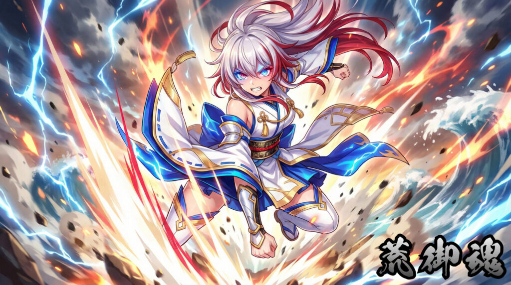 Aramitama | Phantom Tone Folklore Visual Modern reinterpretation of Aramitama as a yokai girl, embodying unrestrained divine power, sacred violence, and the destructive side of kami before ritual pacification.