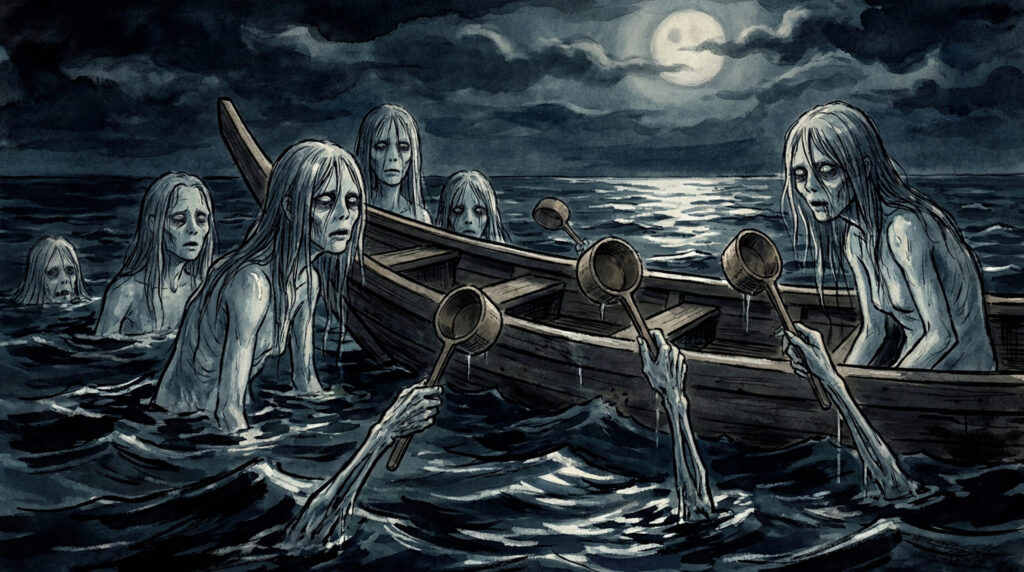 Funayūrei, ghostly sailors from Japanese folklore who appear at sea to sink ships, symbolizing maritime death, unfinished passage, and the repetition of drowning.