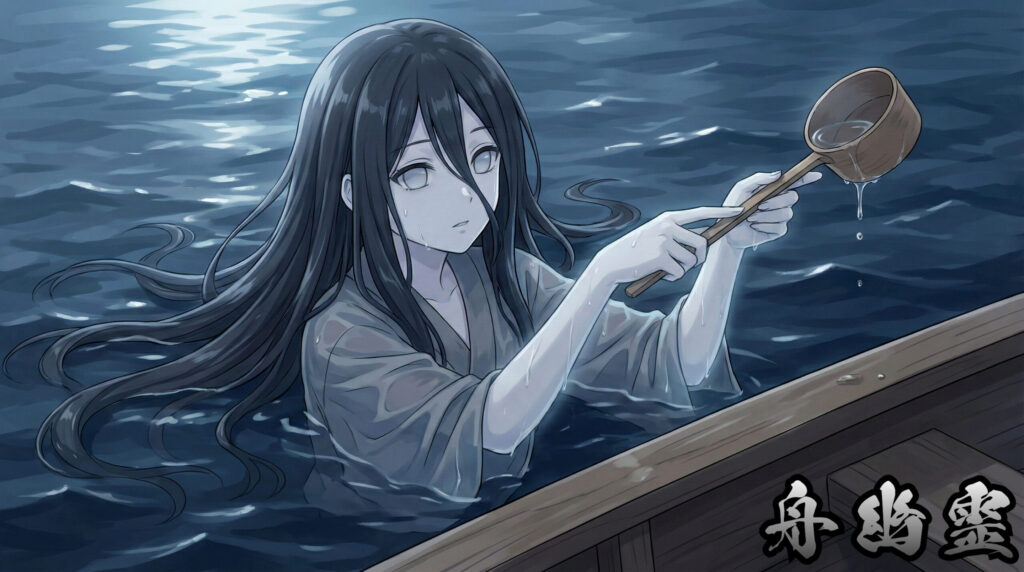 A modern reinterpretation inspired by Funayūrei, depicting spectral figures beside a drifting boat at sea, representing collective trauma, unresolved death, and journeys that never end.