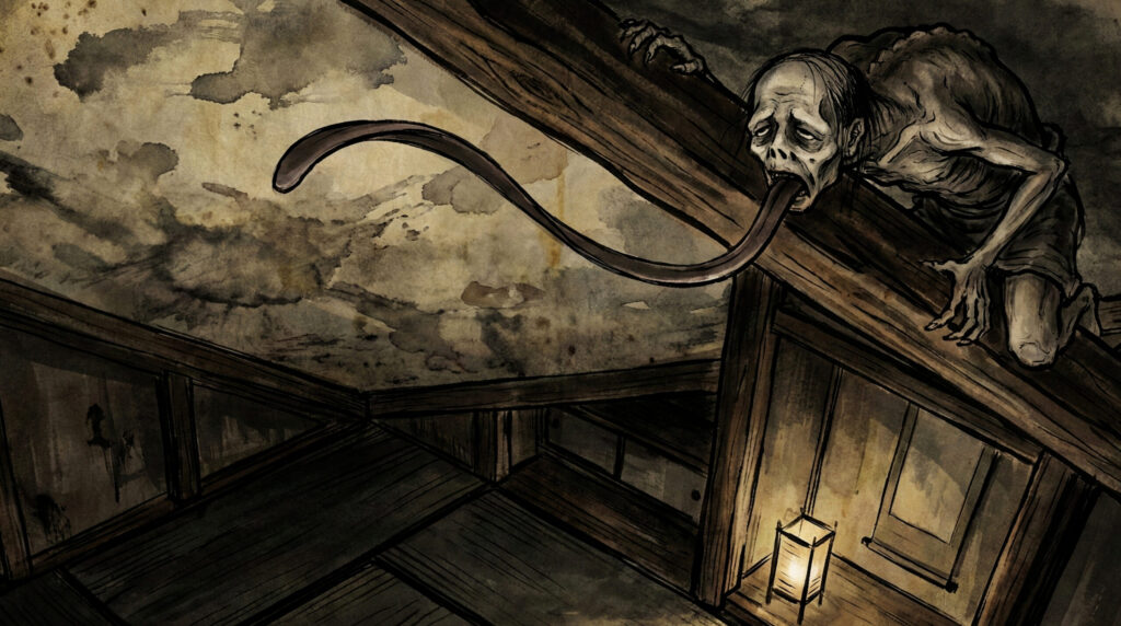 Tenjoname, a household yōkai from Japanese folklore that licks ceilings, leaving dark stains and symbolizing intrusion from above, neglected boundaries, and domestic contamination.