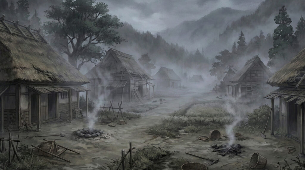 Conceptual traditional depiction of a disappearing village in Japanese folklore, shown as an empty settlement fading into mountains or forests, with lost place-names and traces of collective tokakushi.