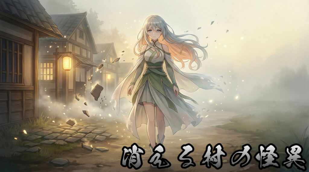 Modern reinterpretation of a disappearing village as a mysterious yokai girl, embodying vanished communities, lost place-names, and the expansion of tokakushi into collective folklore anomaly.