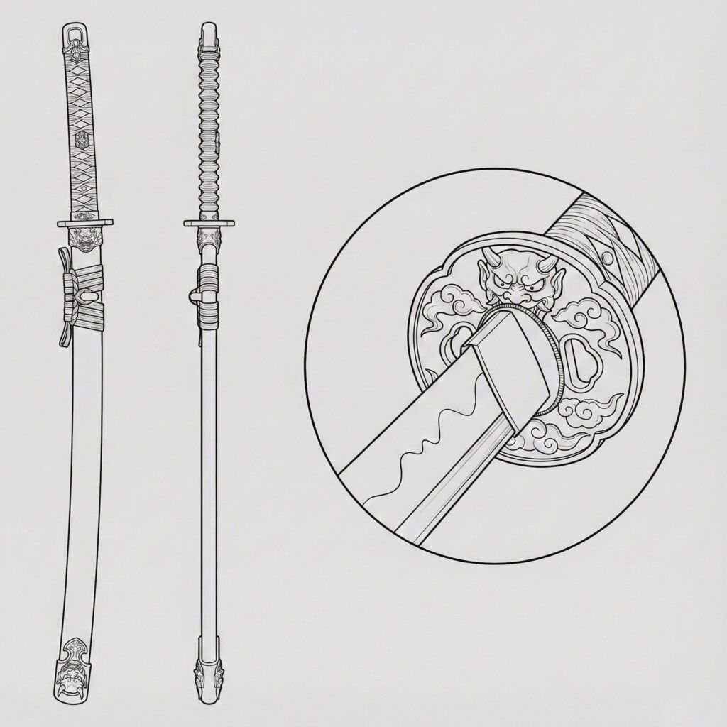 Dojikiri Yasutsuna Japanese legendary yokai sword orthographic reference illustration