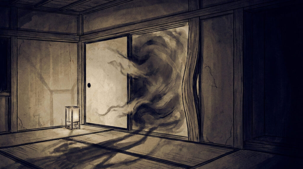 Tokakushi, a phenomenon from Japanese folklore in which doors or entrances within a house mysteriously disappear or refuse to function, symbolizing lost thresholds, spatial disruption, and the withdrawal of architectural consent.