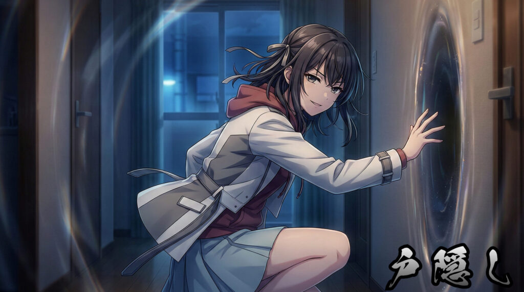 A modern reinterpretation inspired by Tokakushi, depicting an empty doorway or sliding door that leads nowhere inside a Japanese house, representing liminal space, denied passage, and architecture turning unreliable.