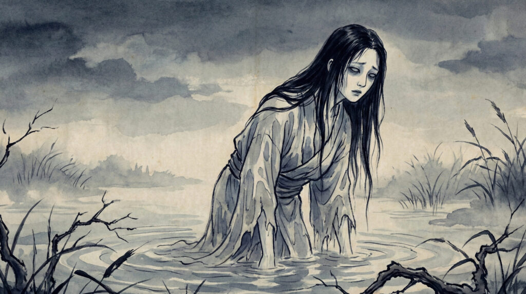 Mizushinin, drowned spirits from Japanese folklore bound to water, symbolizing unresolved death, lingering presence, and the consequence of drowning.