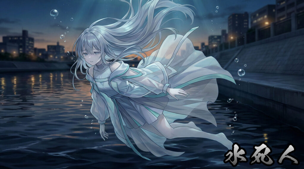 A modern reinterpretation inspired by Mizushinin, portraying a human silhouette beneath dark water, representing unresolved grief, accidental haunting, and death held by water.