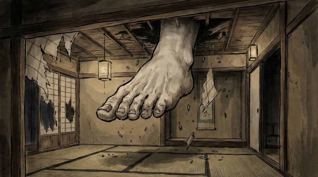 Ashiarai Yashiki, a household yōkai from Japanese folklore where a giant unseen foot descends from the ceiling demanding to be washed, symbolizing forced ritual, domestic authority, and invisible command.