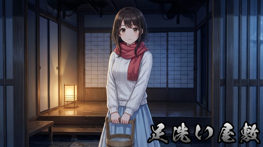 A modern reinterpretation inspired by Ashiarai Yashiki, depicting a massive foot emerging from darkness inside a Japanese house, representing arbitrary obligation, unseen power, and enforced submission.