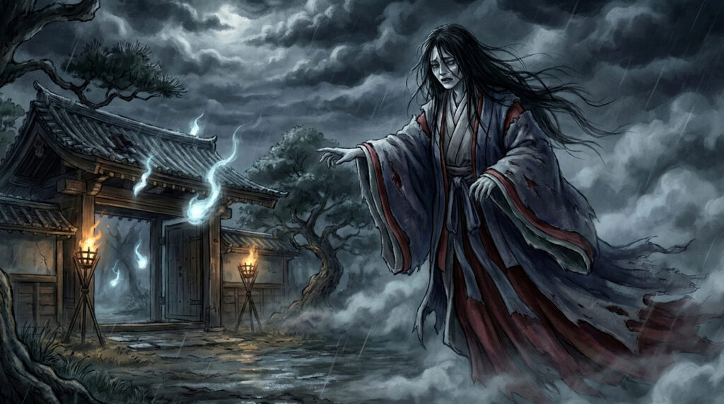 Traditional depiction of Goryō, pacified spirits in Japanese history associated with political injustice, epidemic disease, and state-sponsored appeasement rituals, represented through shrines, court ceremony, and ritual space.