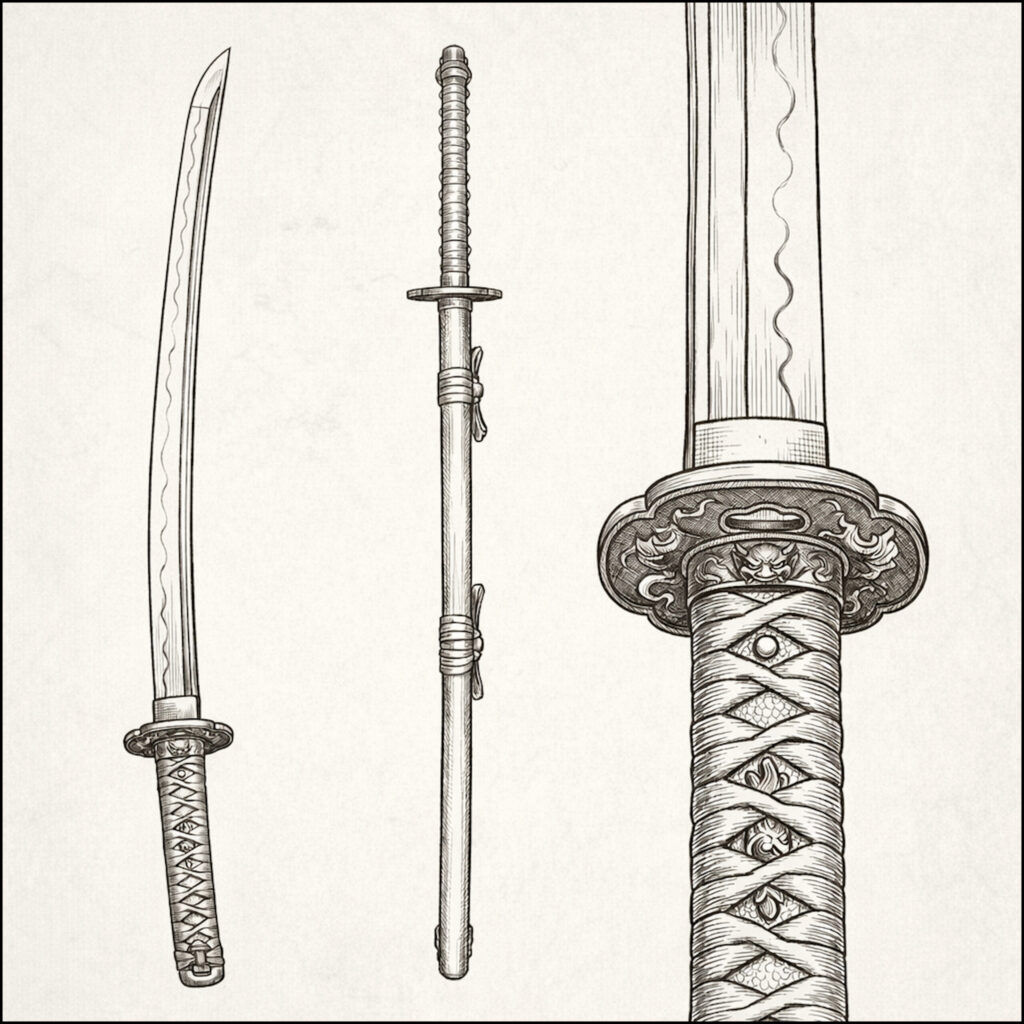 Higekiri – Legendary Japanese Yokai Sword Orthographic Reference | Phantom Tone Folklore Visual Higekiri Japanese legendary yokai sword orthographic reference illustration