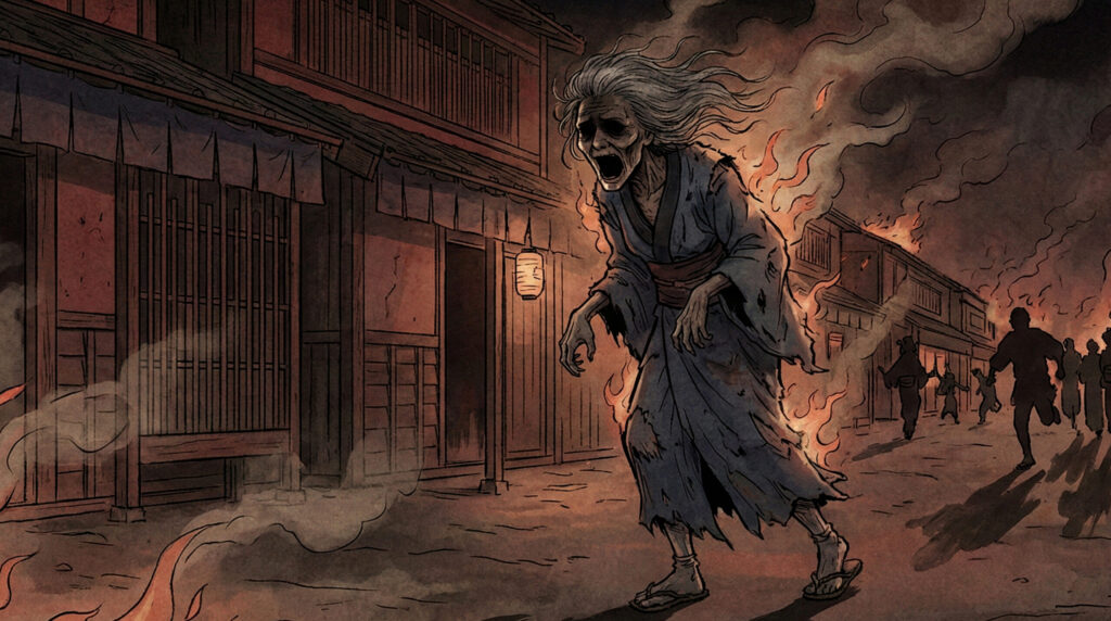Ancient Japanese yokai Hikeshi-baba extinguishing fire in Edo town