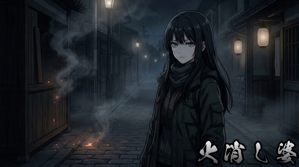 Anime-style beautiful girl inspired by Japanese yokai Hikeshi-baba