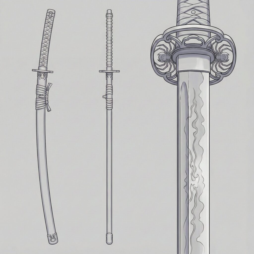 Hizamaru Japanese legendary yokai sword orthographic reference illustration