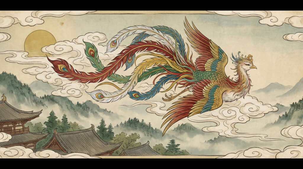 Ancient Japanese phoenix Hōō in traditional art style