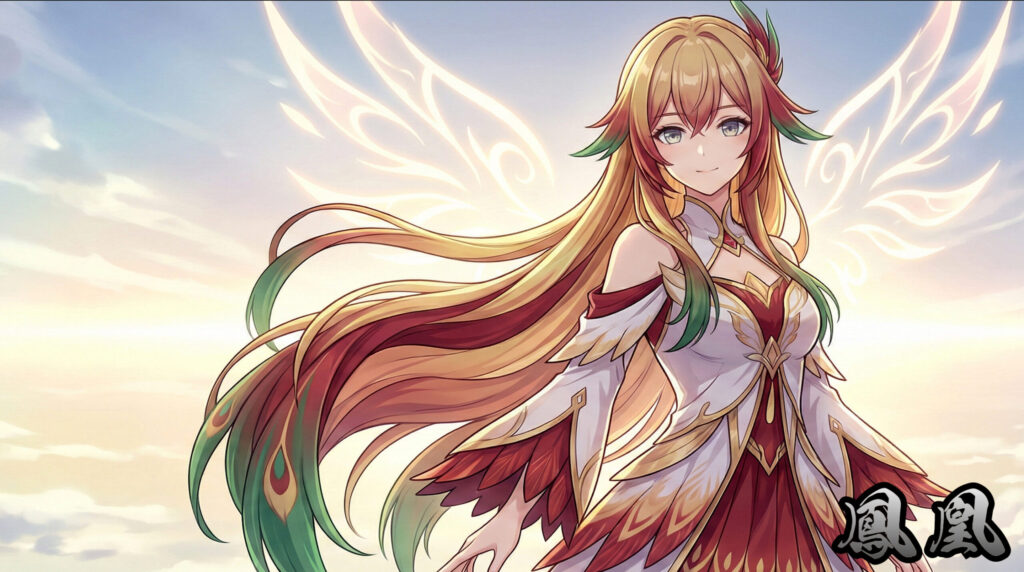 Anime-style beautiful girl inspired by Japanese phoenix Hōō